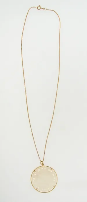 14K YELLOW GOLD CARVED MOTHER OF PEARL CIRCULAR PENDANT / NECKLACE