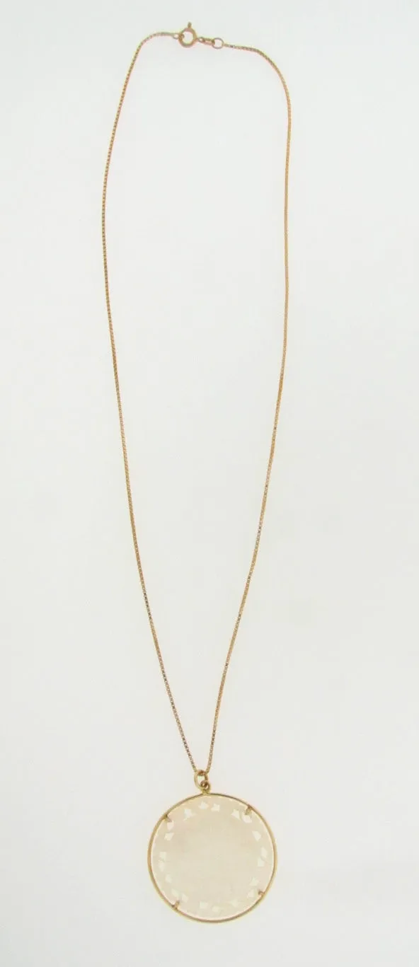14K YELLOW GOLD CARVED MOTHER OF PEARL CIRCULAR PENDANT / NECKLACE