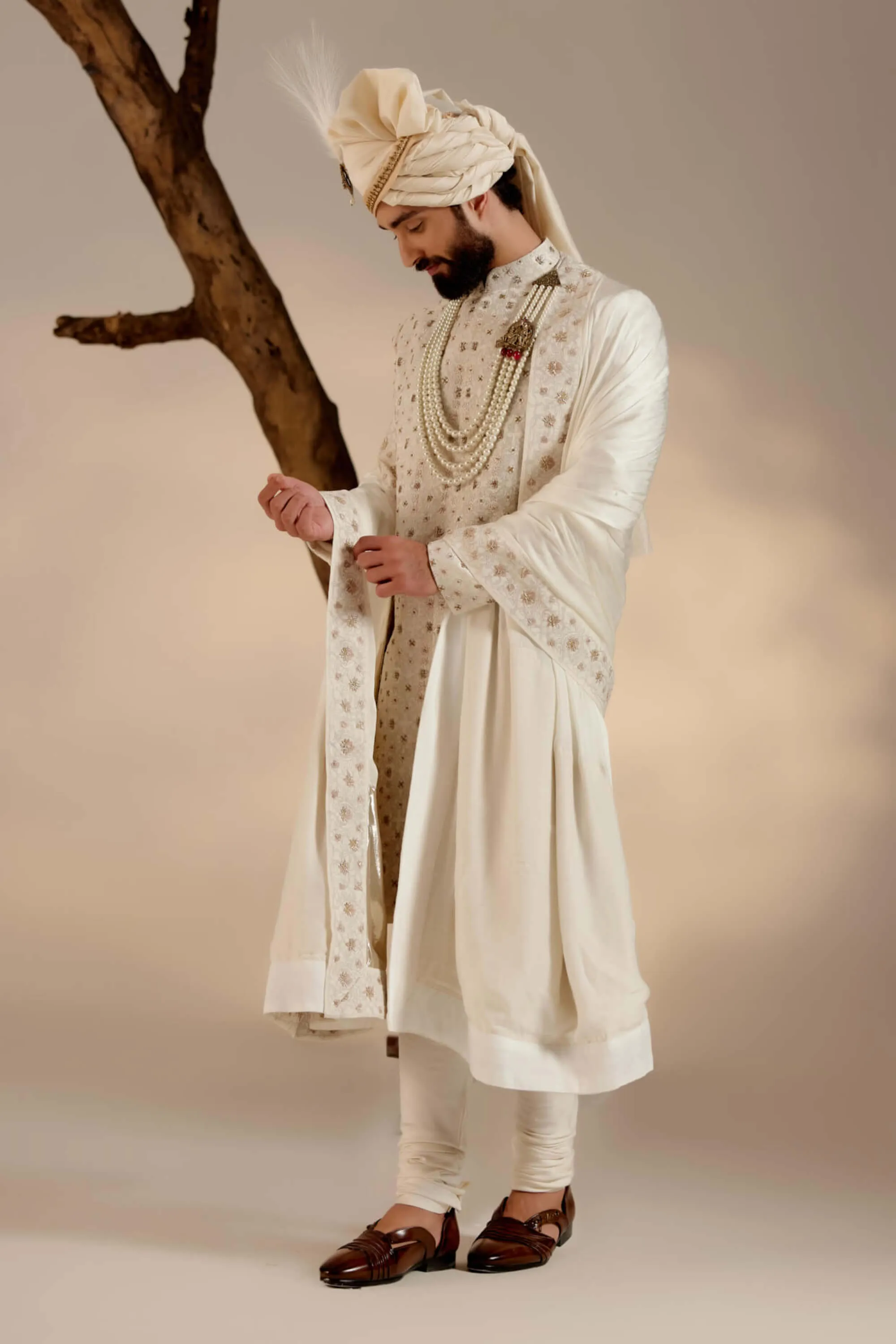 Albino white linen silk sherwani set