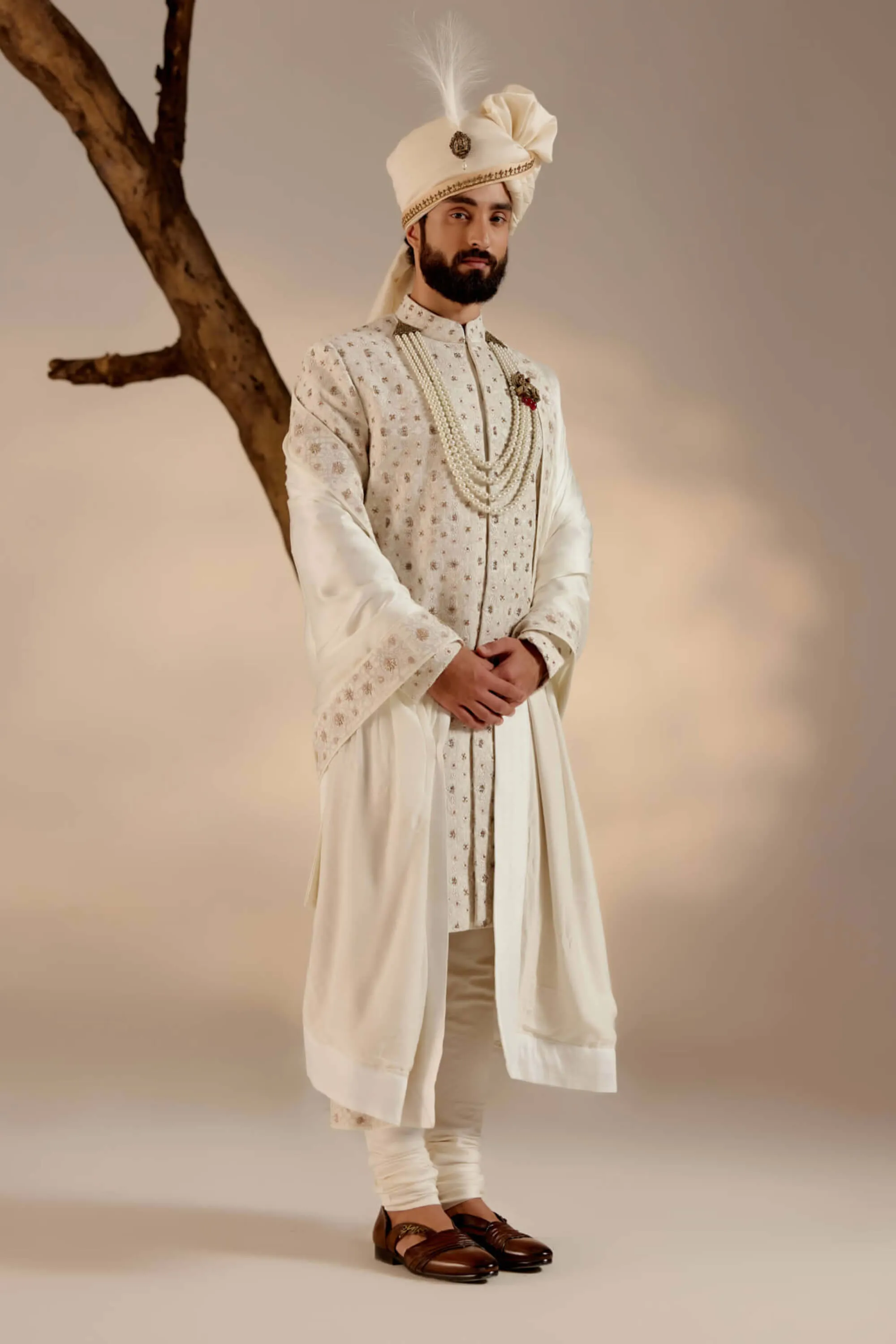 Albino white linen silk sherwani set