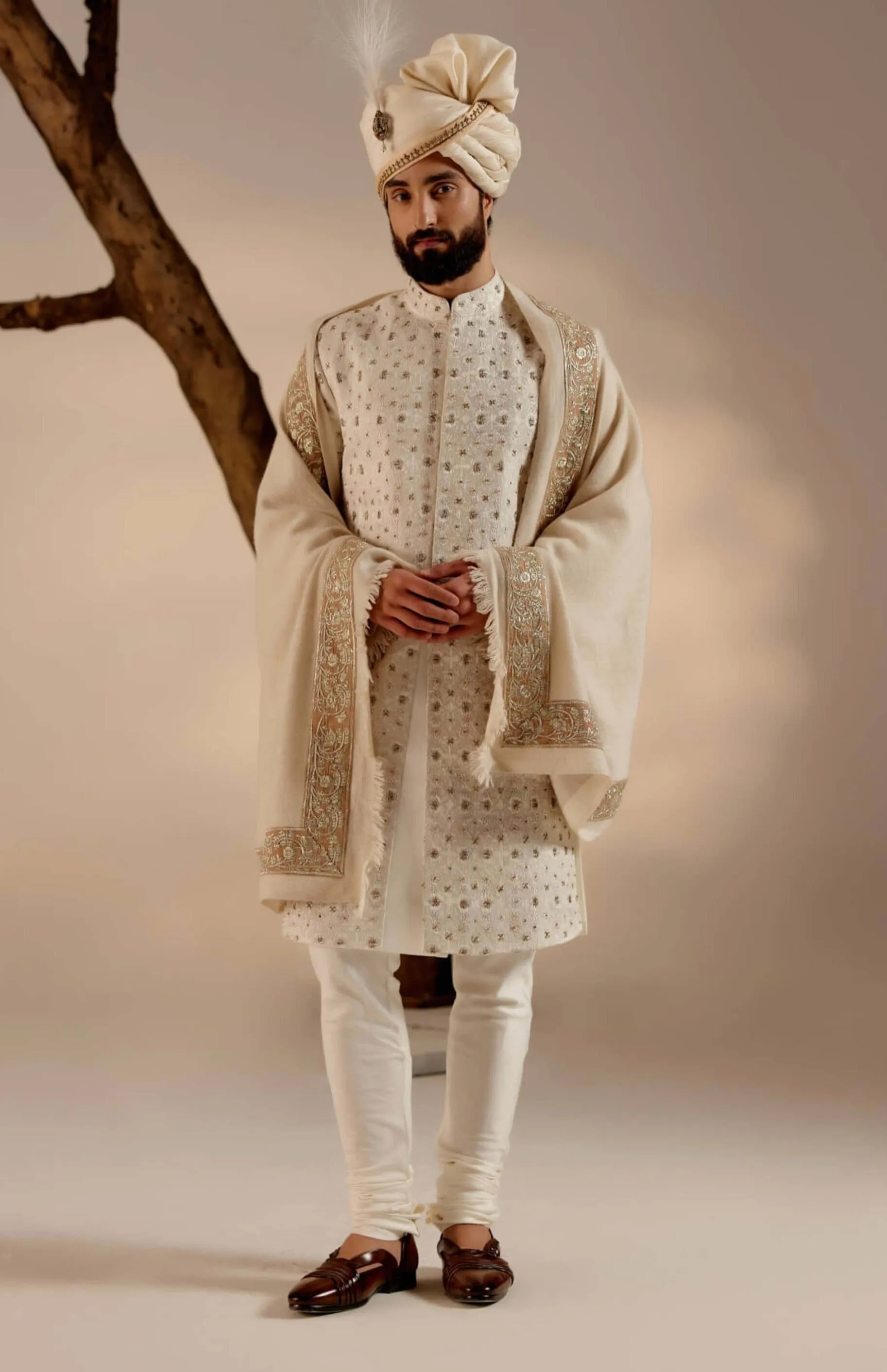 Albino white linen silk sherwani set