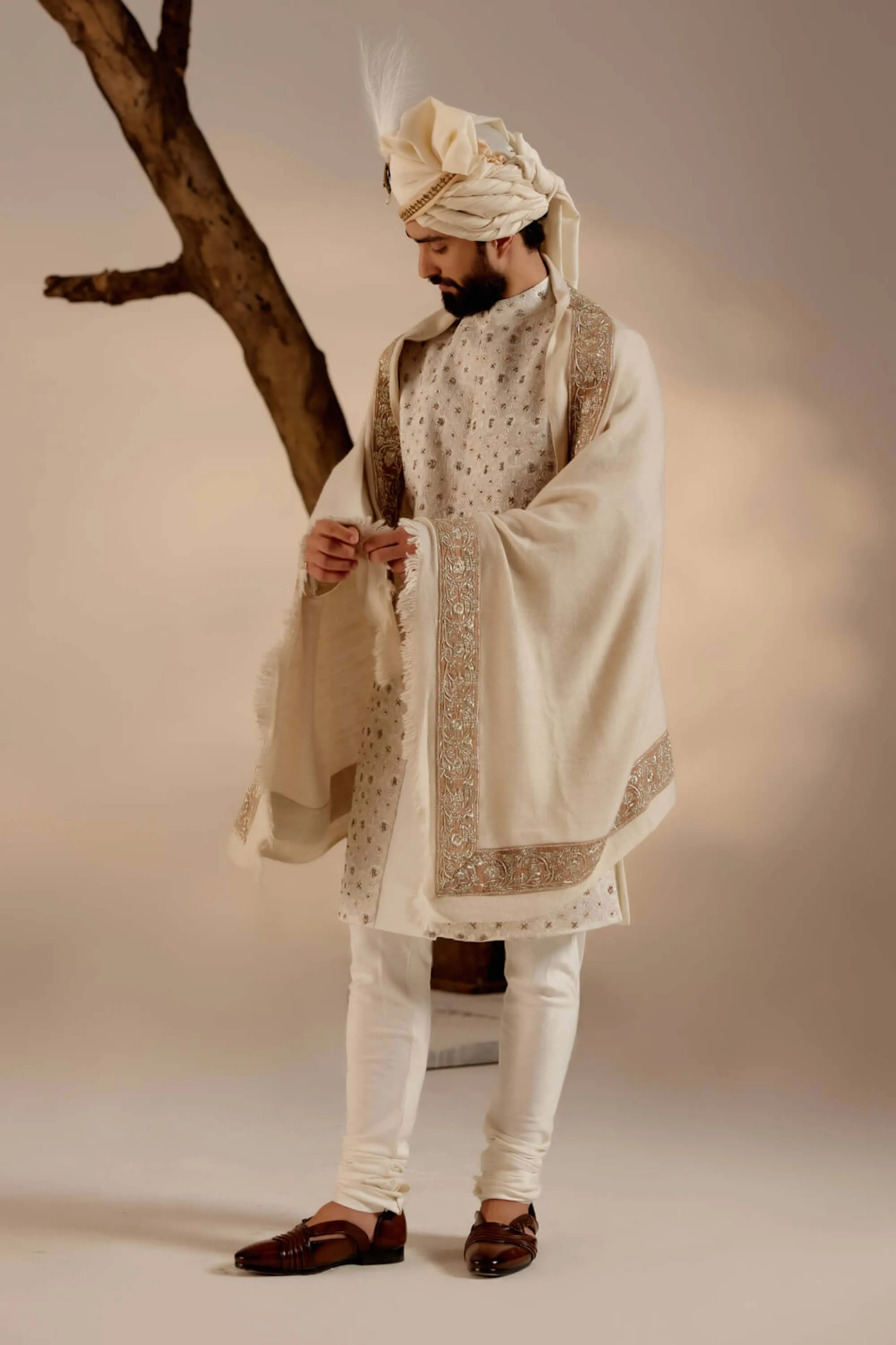 Albino white linen silk sherwani set