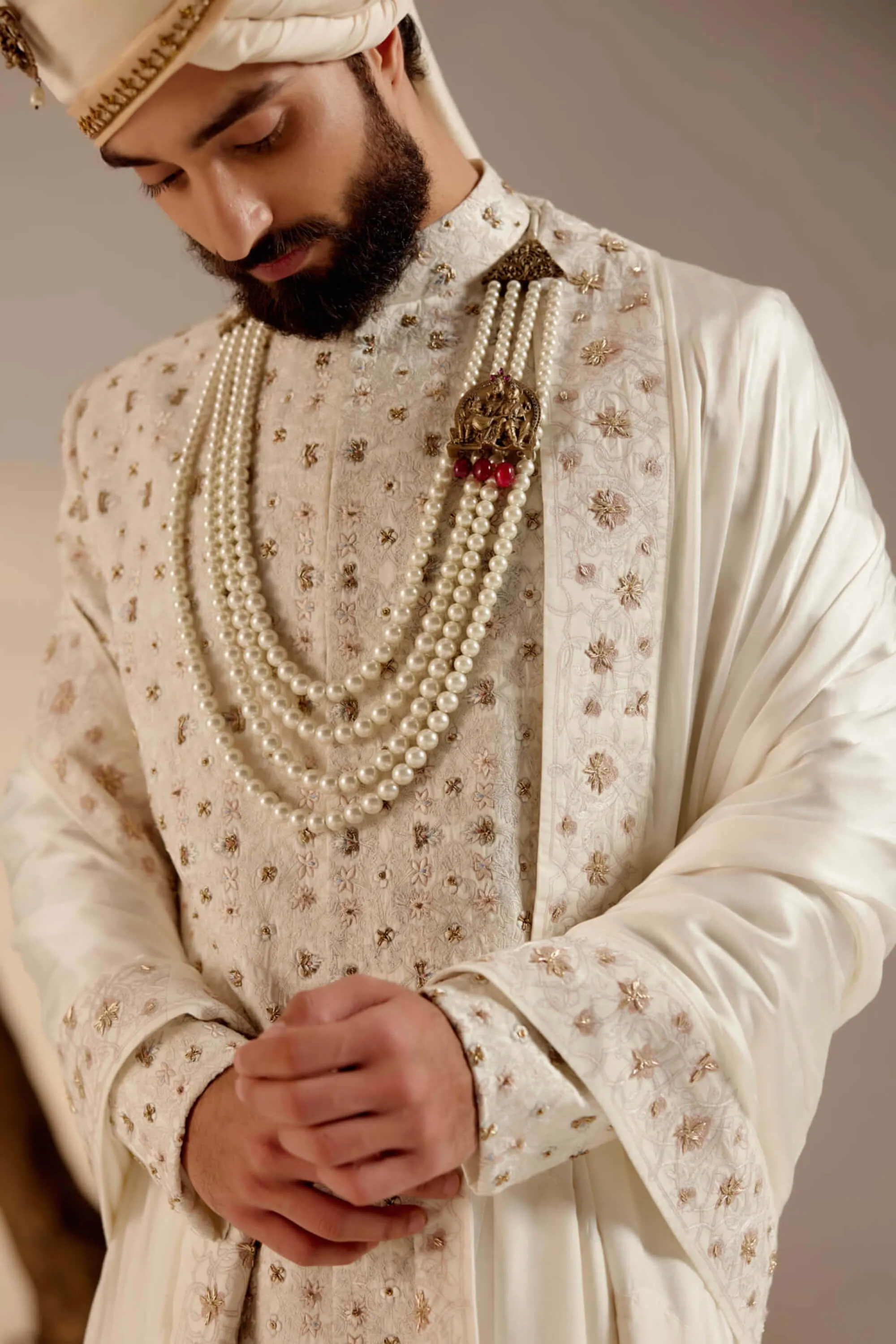 Albino white linen silk sherwani set