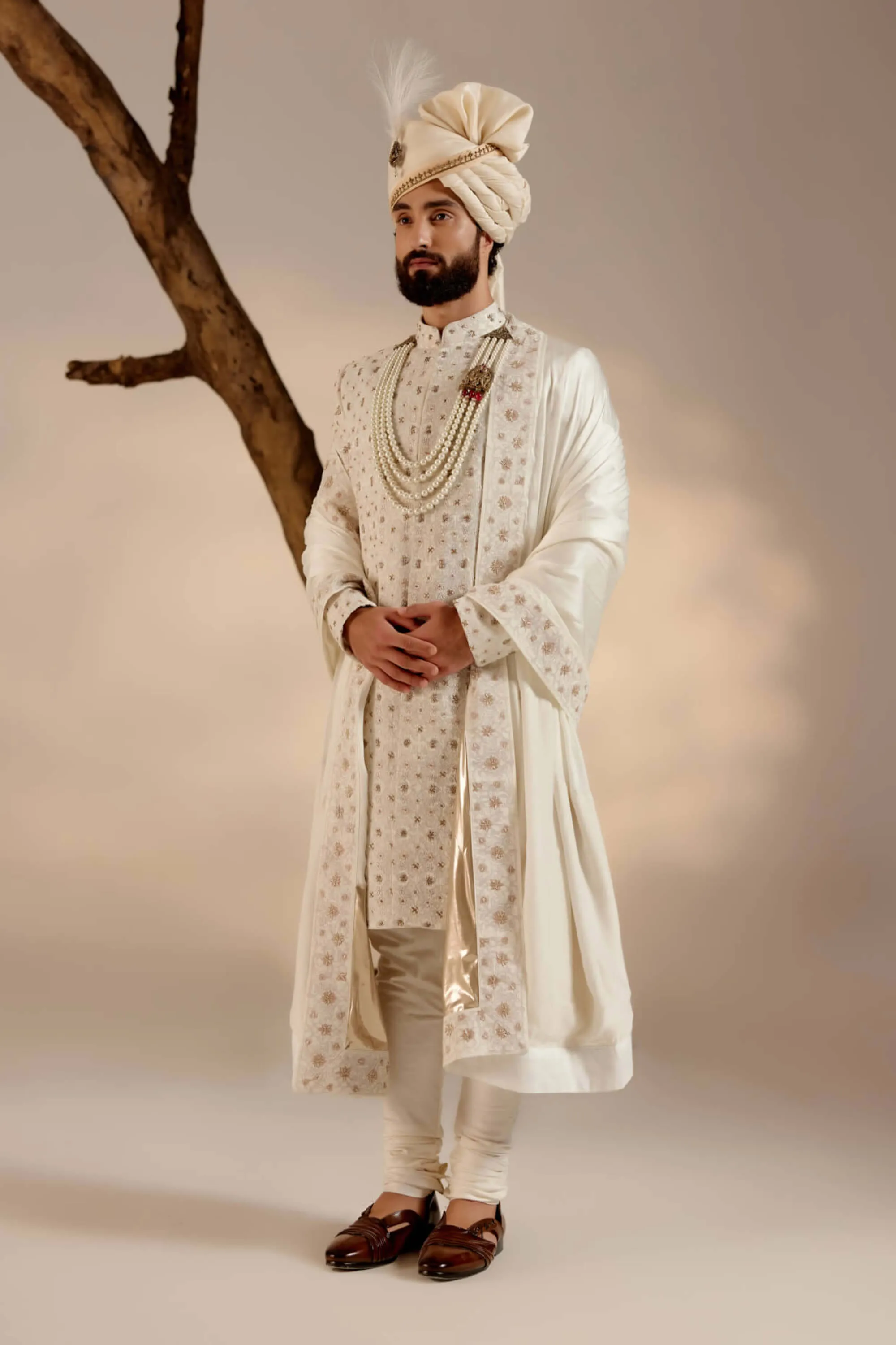 Albino white linen silk sherwani set