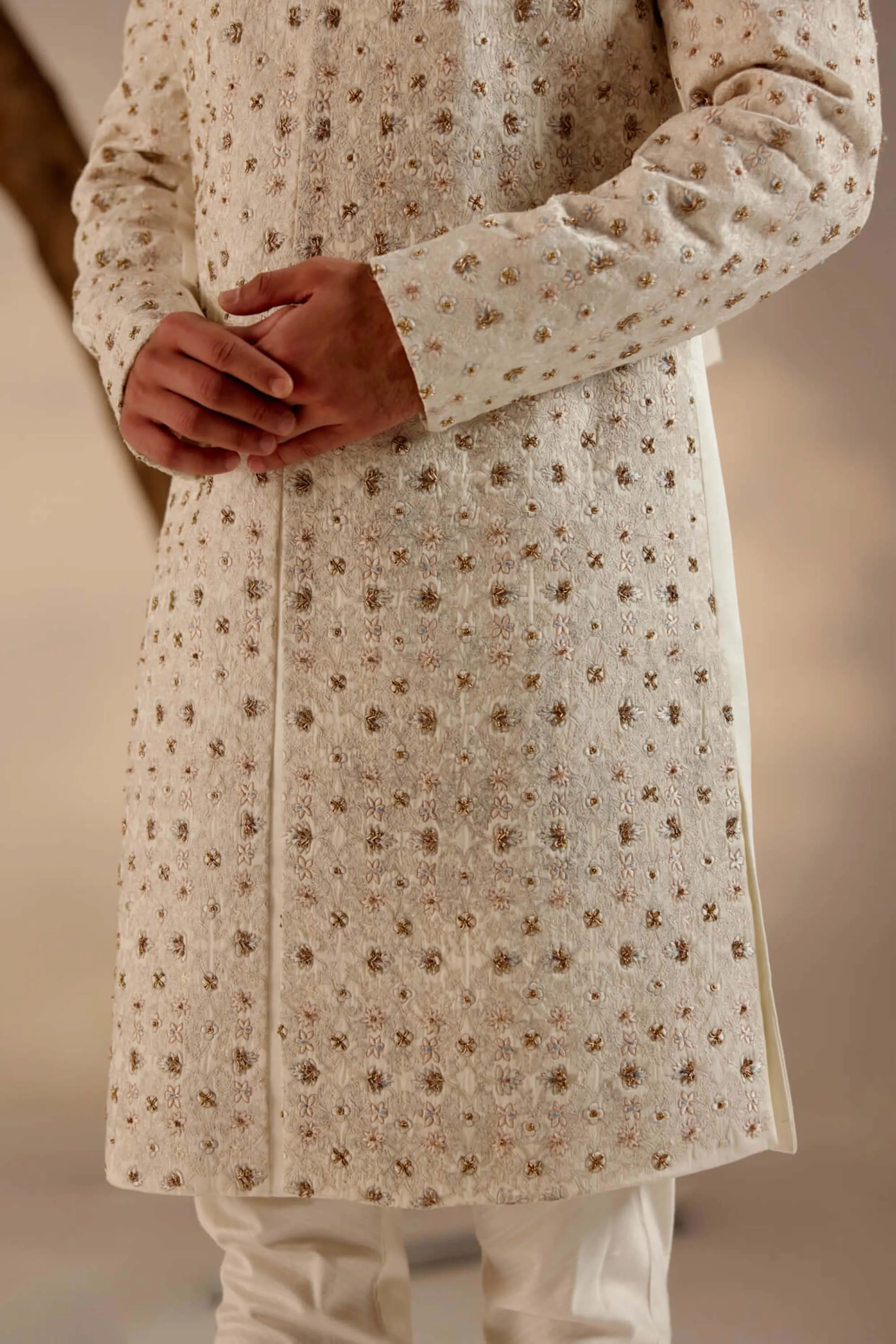 Albino white linen silk sherwani set