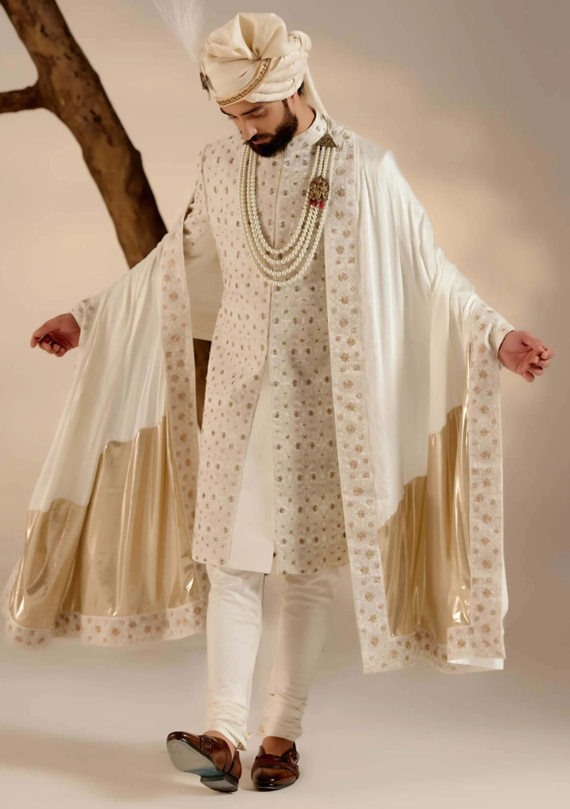 Albino white linen silk sherwani set