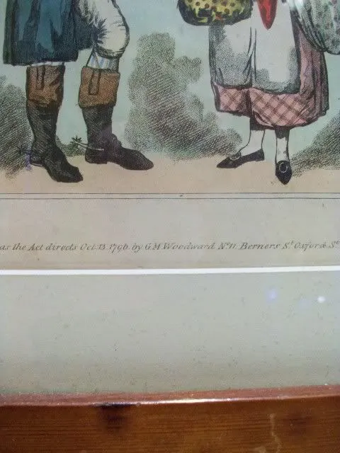 Antique English Hand Colored Etching Period Framed