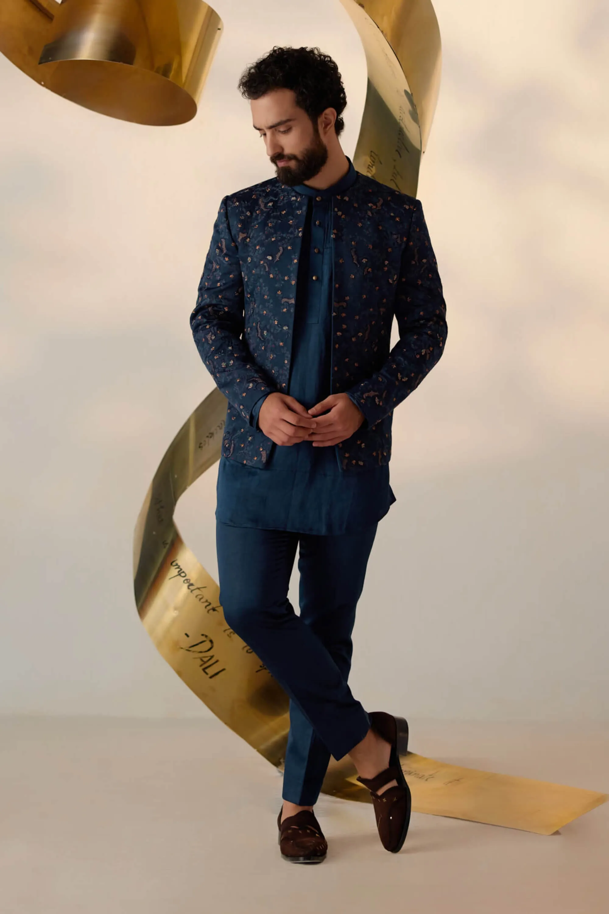 Beryl blue short jacket and kurta set