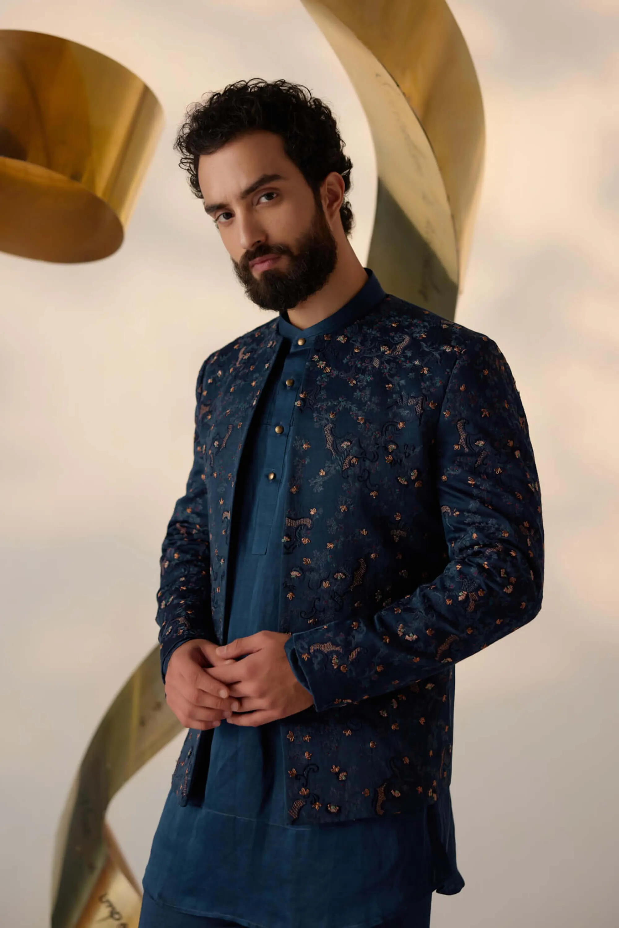 Beryl blue short jacket and kurta set