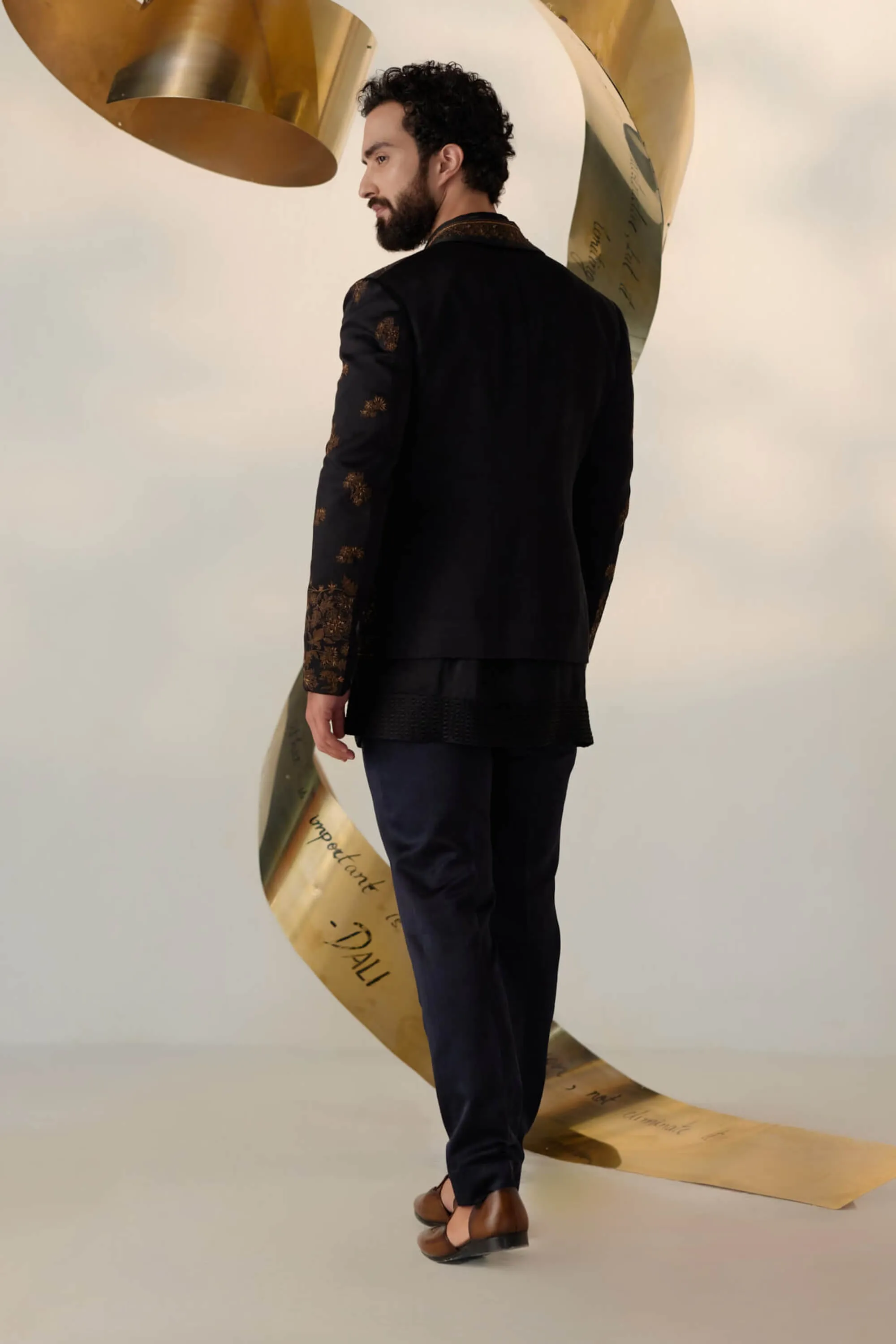 Black & gold short jacket and kurta set