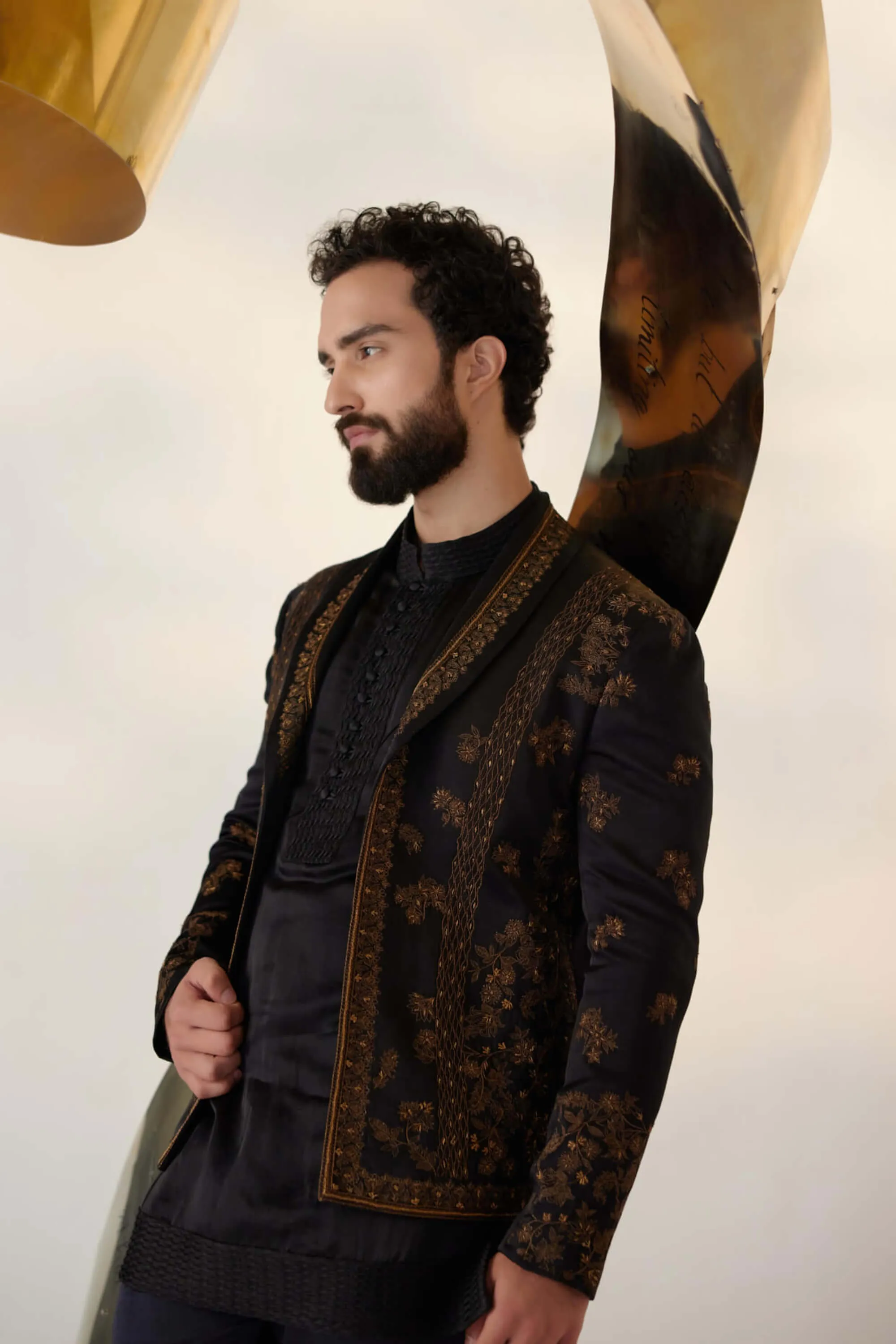 Black & gold short jacket and kurta set