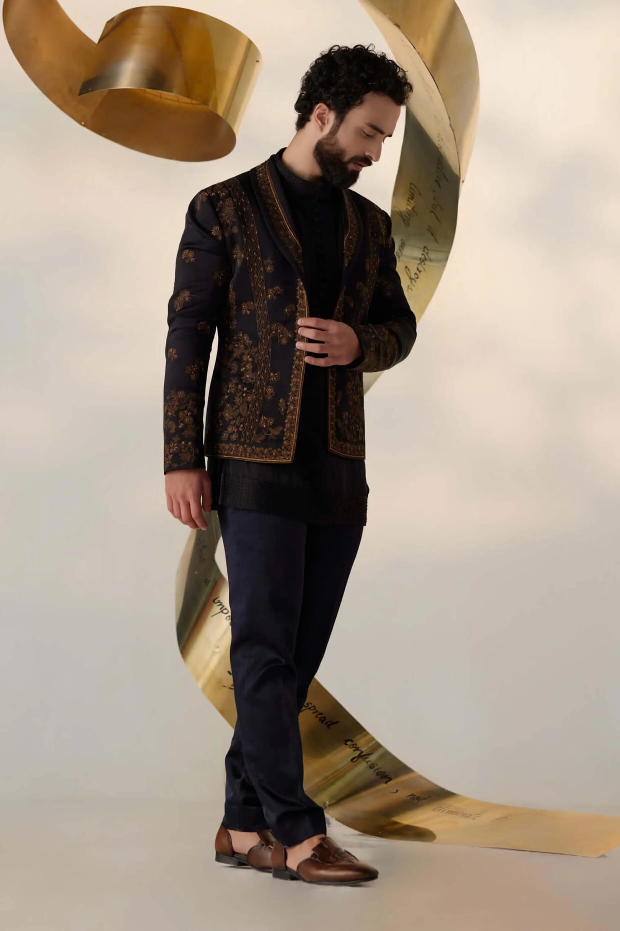 Black & gold short jacket and kurta set