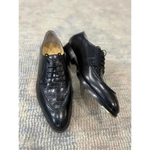 Black Mirror Glossedcroco Detail Derby  Cuban Stacked Heel