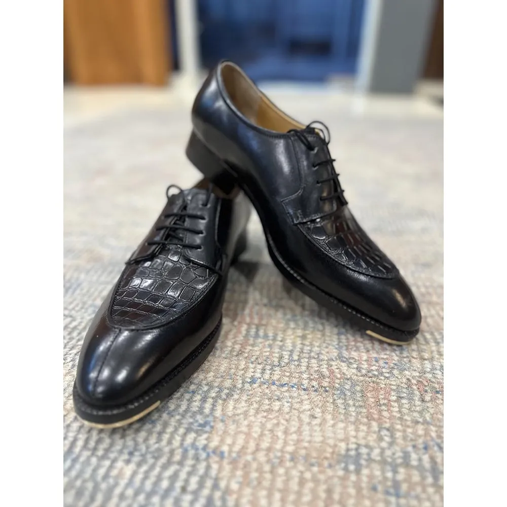 Black Mirror Glossedcroco Detail Derby  Cuban Stacked Heel