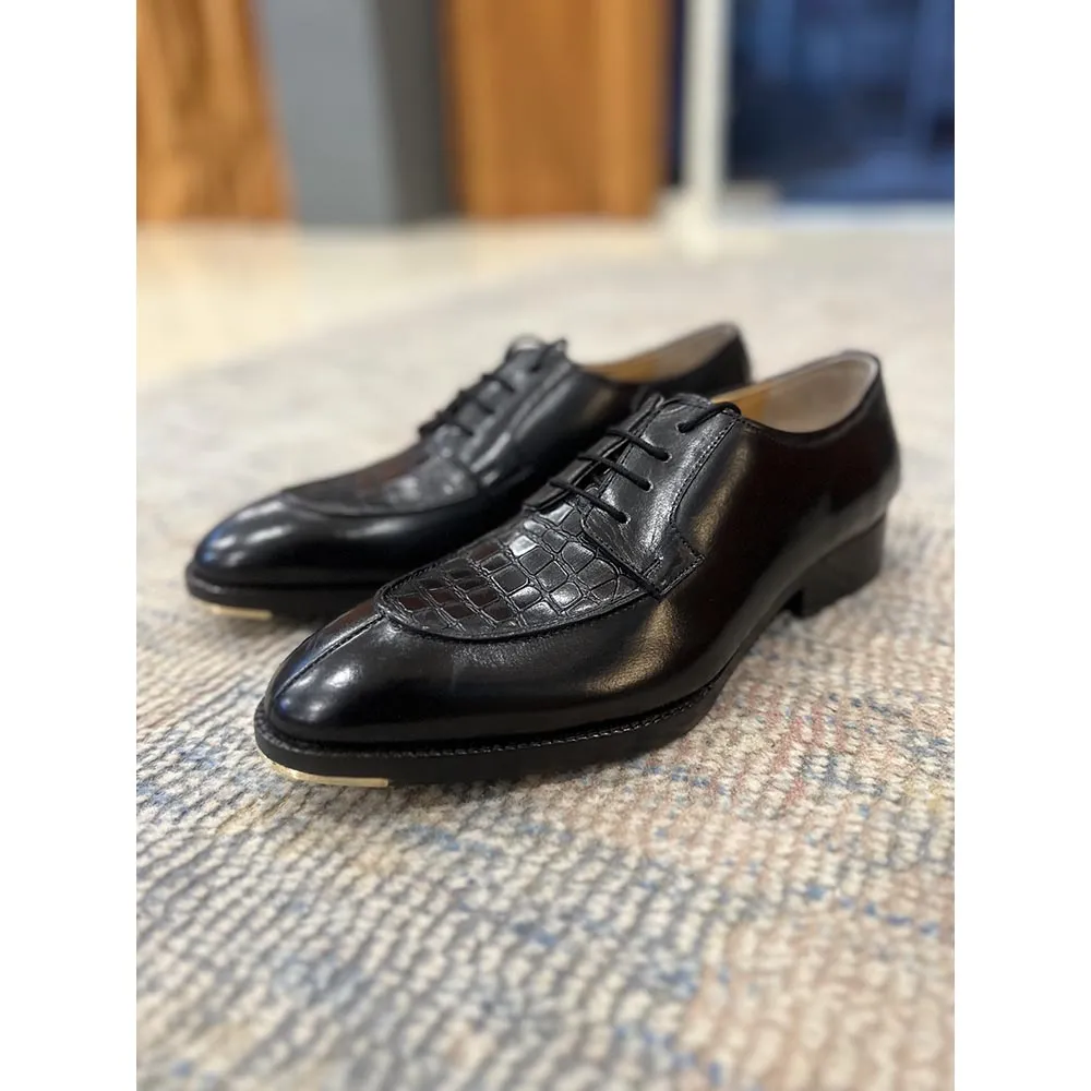 Black Mirror Glossedcroco Detail Derby  Cuban Stacked Heel