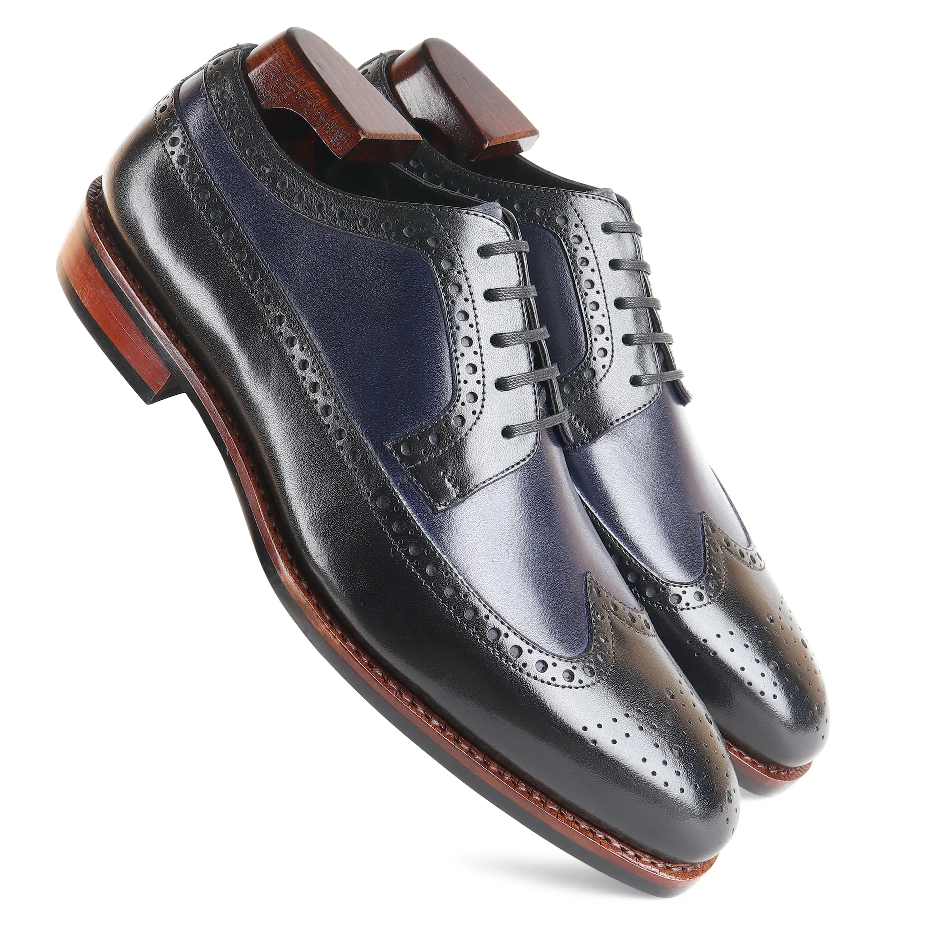 Black   Navy Blue Goodyear Welted Mirror Glossed Classic Longwing Derby With Dainite Leather Stack Sole
