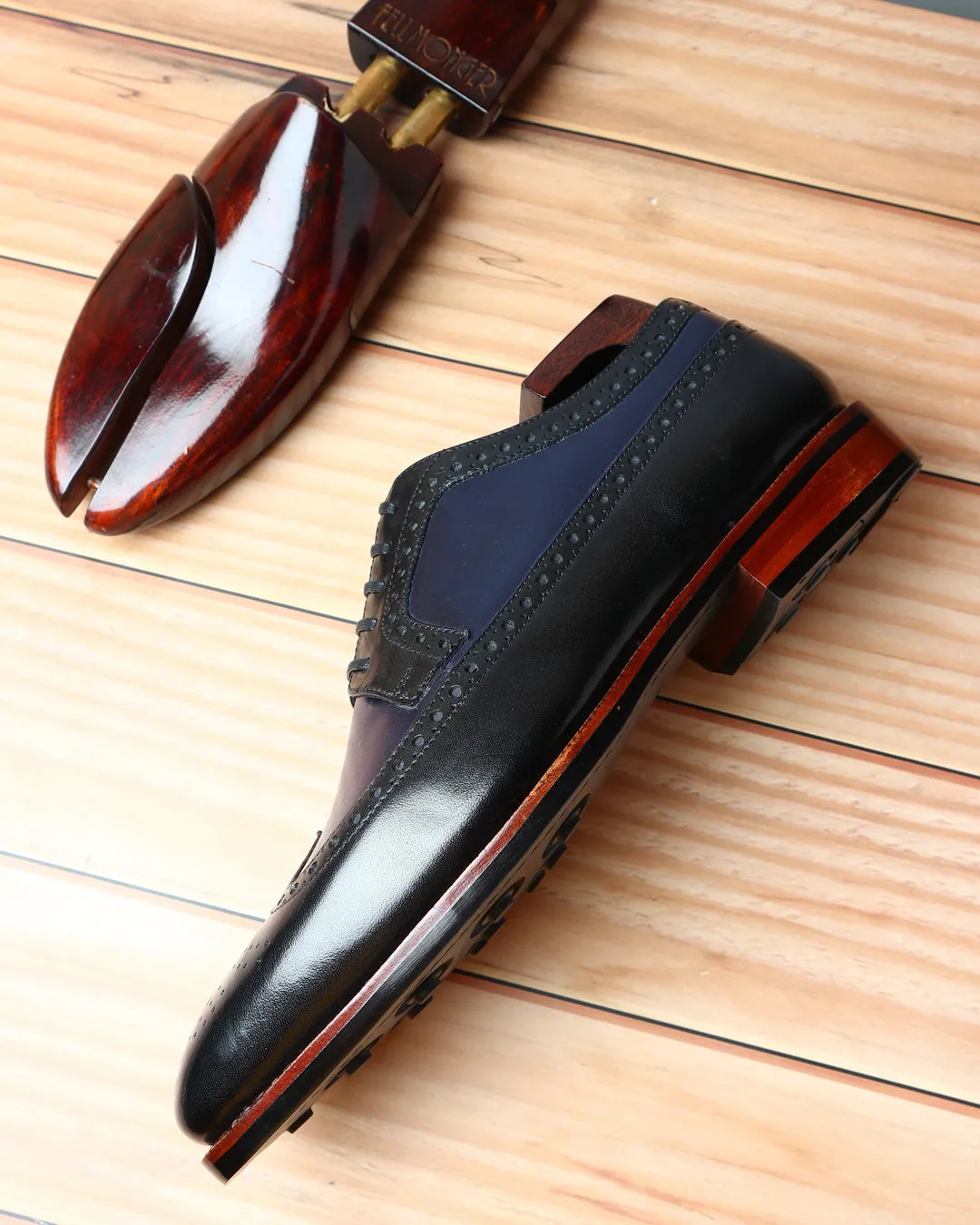 Black   Navy Blue Goodyear Welted Mirror Glossed Classic Longwing Derby With Dainite Leather Stack Sole