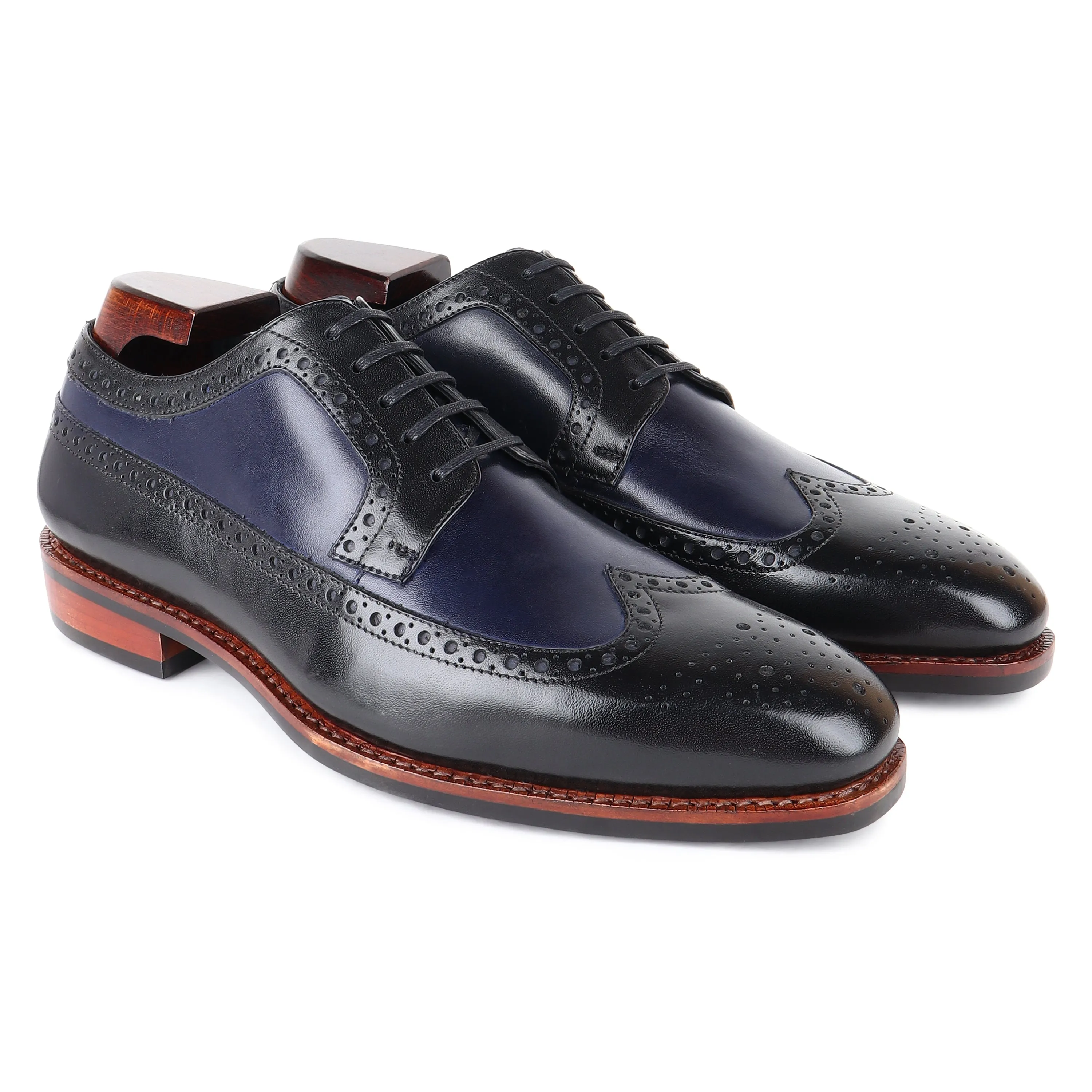 Black   Navy Blue Goodyear Welted Mirror Glossed Classic Longwing Derby With Dainite Leather Stack Sole