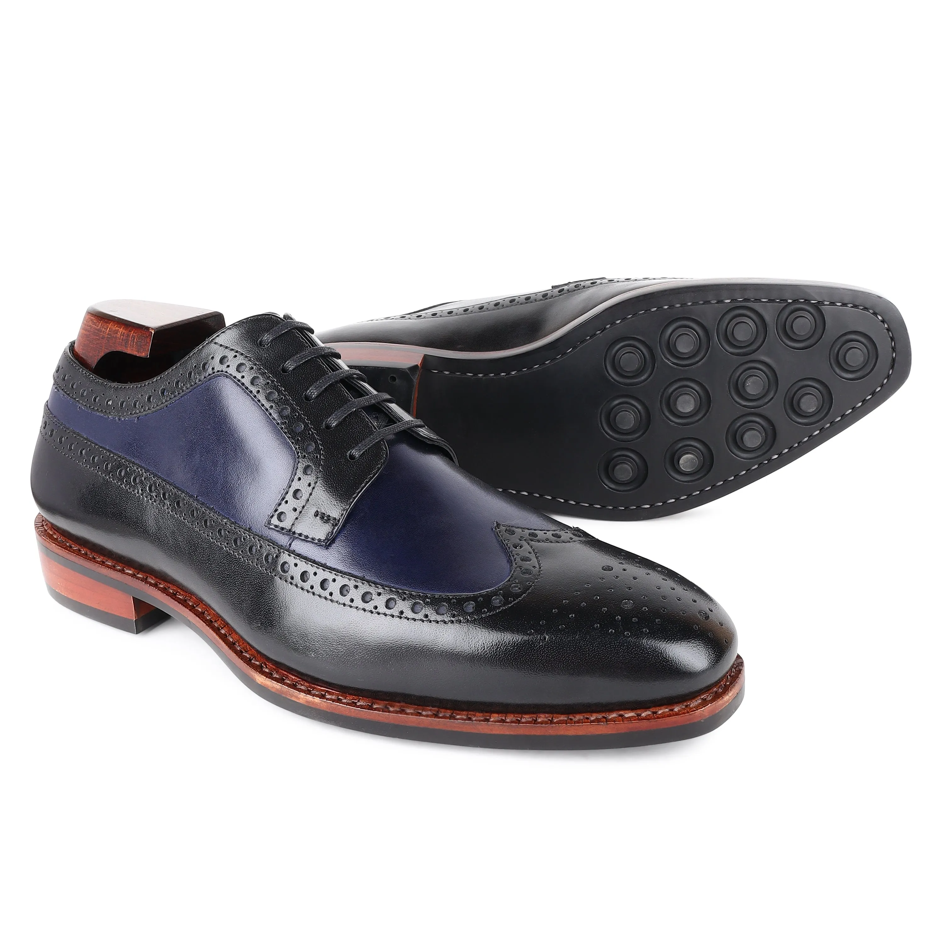 Black   Navy Blue Goodyear Welted Mirror Glossed Classic Longwing Derby With Dainite Leather Stack Sole