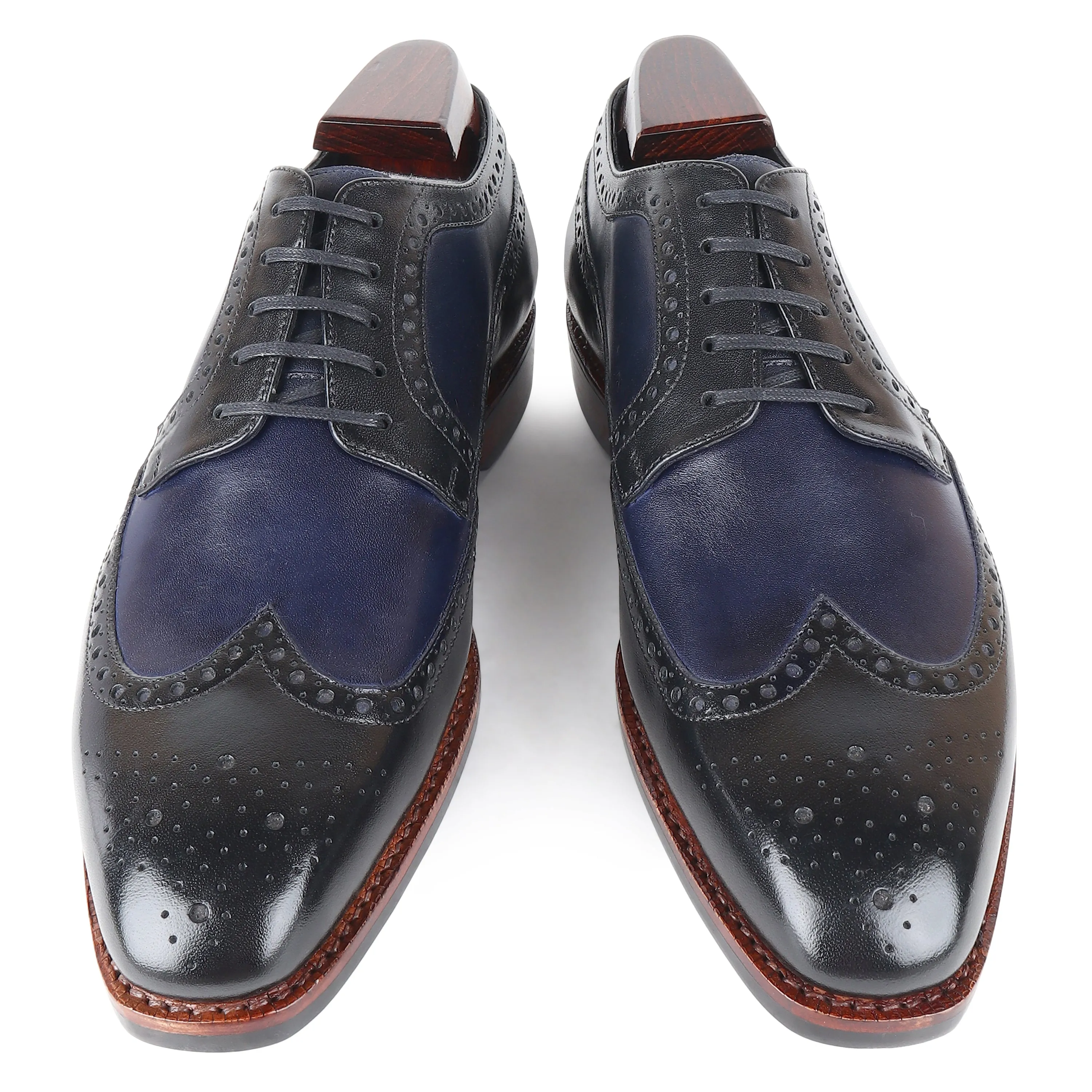 Black   Navy Blue Goodyear Welted Mirror Glossed Classic Longwing Derby With Dainite Leather Stack Sole