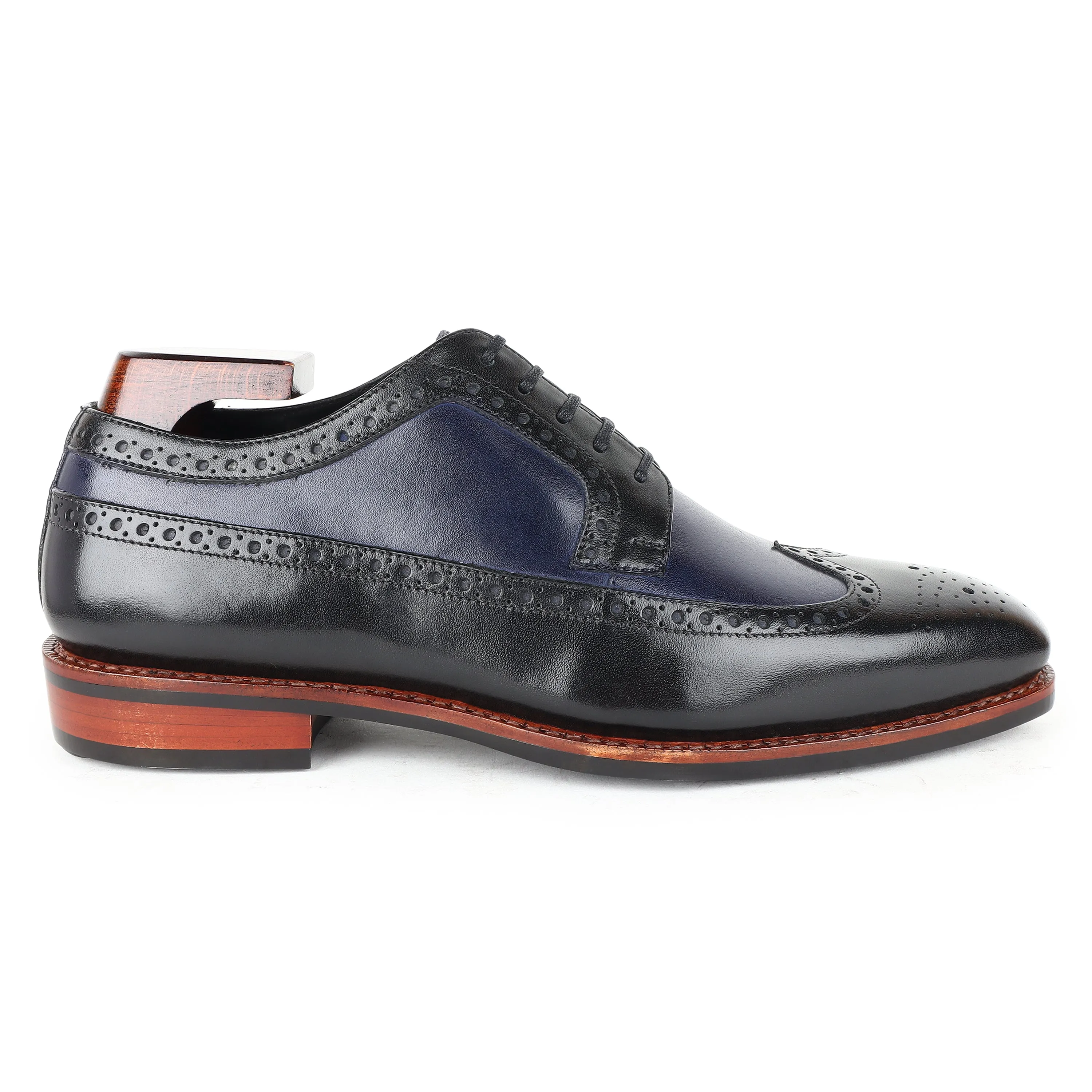 Black   Navy Blue Goodyear Welted Mirror Glossed Classic Longwing Derby With Dainite Leather Stack Sole