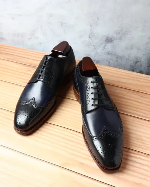 Black   Navy Blue Goodyear Welted Mirror Glossed Classic Longwing Derby With Dainite Leather Stack Sole