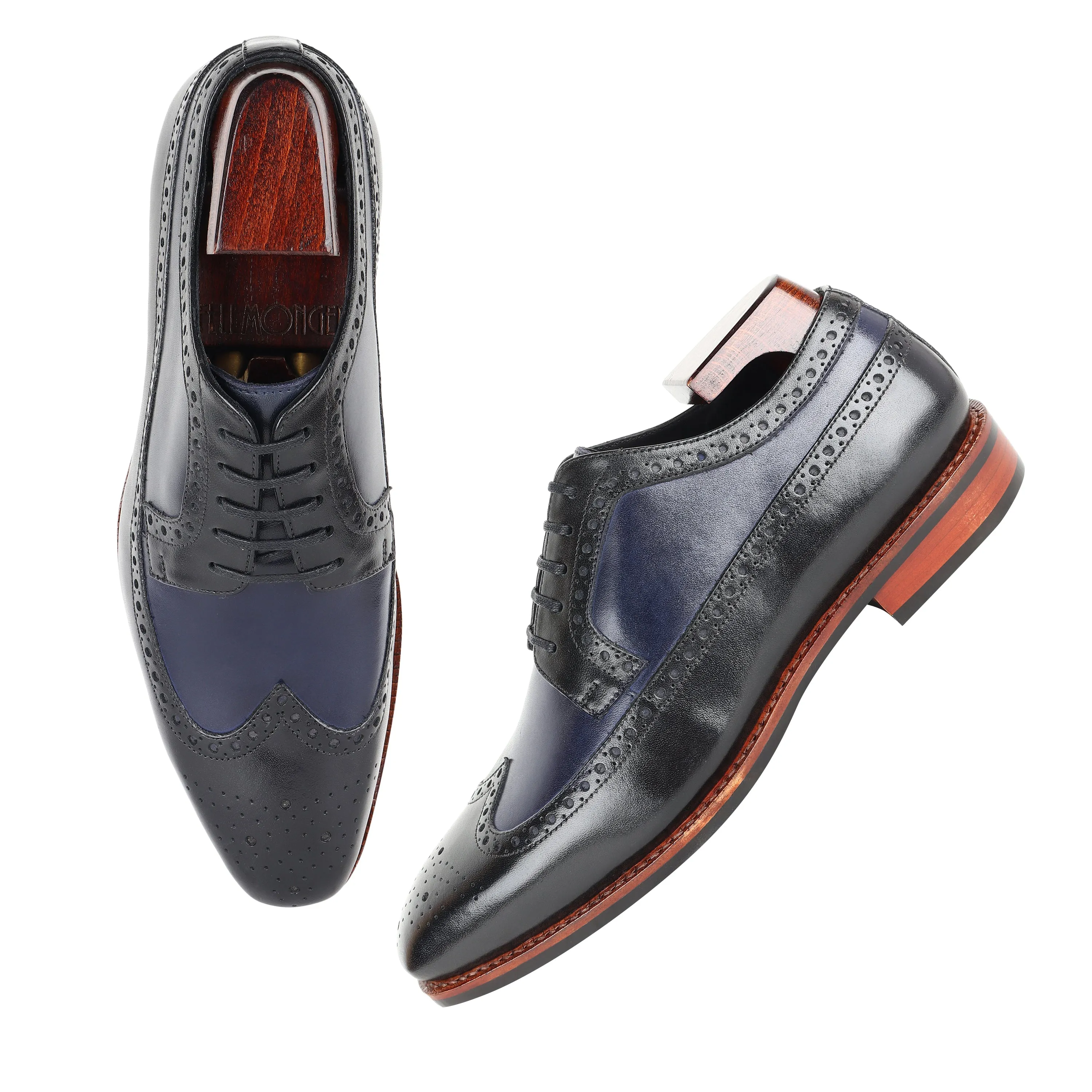 Black   Navy Blue Goodyear Welted Mirror Glossed Classic Longwing Derby With Dainite Leather Stack Sole
