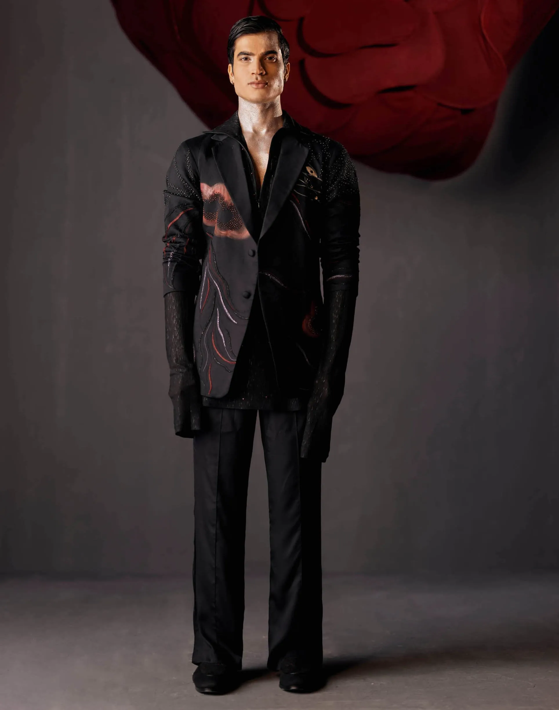 Black poster blazer and trouser set