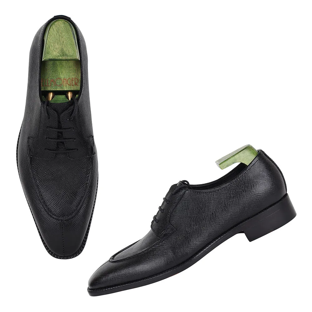Black Sqaure Toe Hatch Grain Mirror Glossed Apron Toe Derby