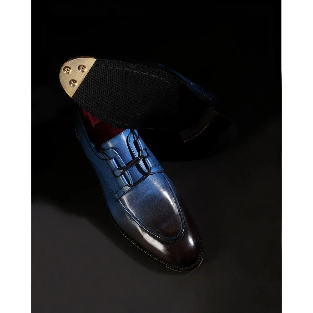 Blue Patina Mirror Glossed Criss Cross Detail Derby   Metal Toe