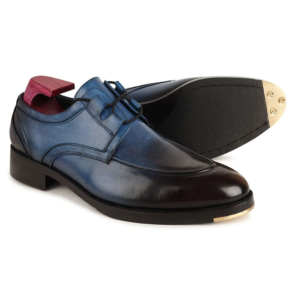 Blue Patina Mirror Glossed Criss Cross Detail Derby   Metal Toe