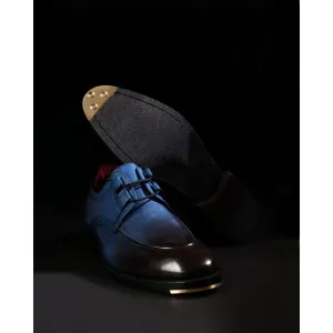 Blue Patina Mirror Glossed Criss Cross Detail Derby   Metal Toe