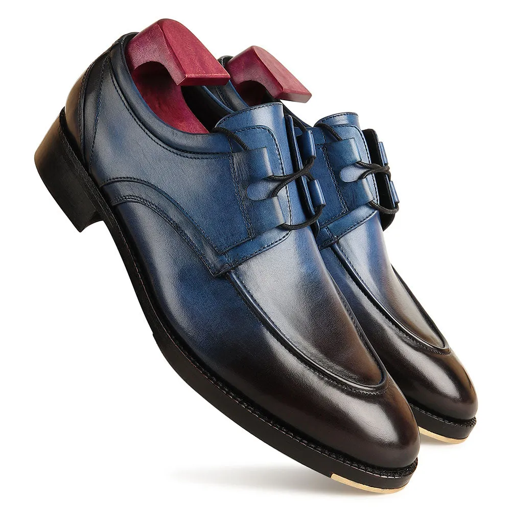 Blue Patina Mirror Glossed Criss Cross Detail Derby   Metal Toe