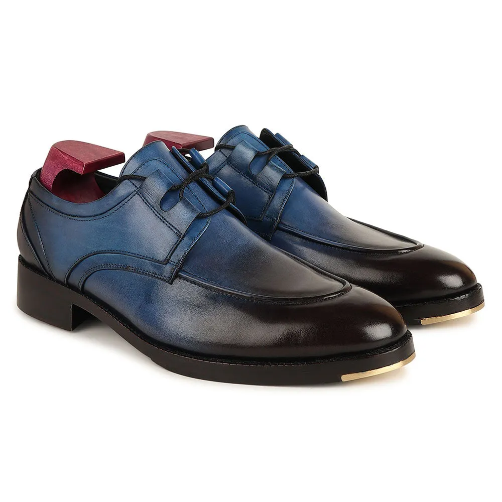 Blue Patina Mirror Glossed Criss Cross Detail Derby   Metal Toe