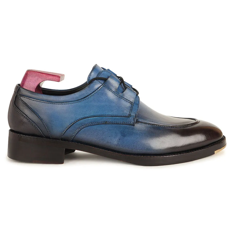 Blue Patina Mirror Glossed Criss Cross Detail Derby   Metal Toe