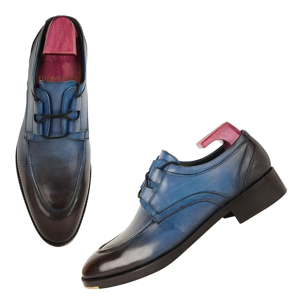 Blue Patina Mirror Glossed Criss Cross Detail Derby   Metal Toe
