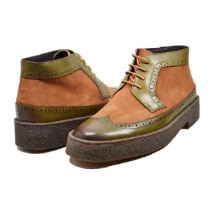 British Walkers Custom Made Original Playboy Wingtips Men's Green Leather and Brown Suede High Tops Ankle Boots