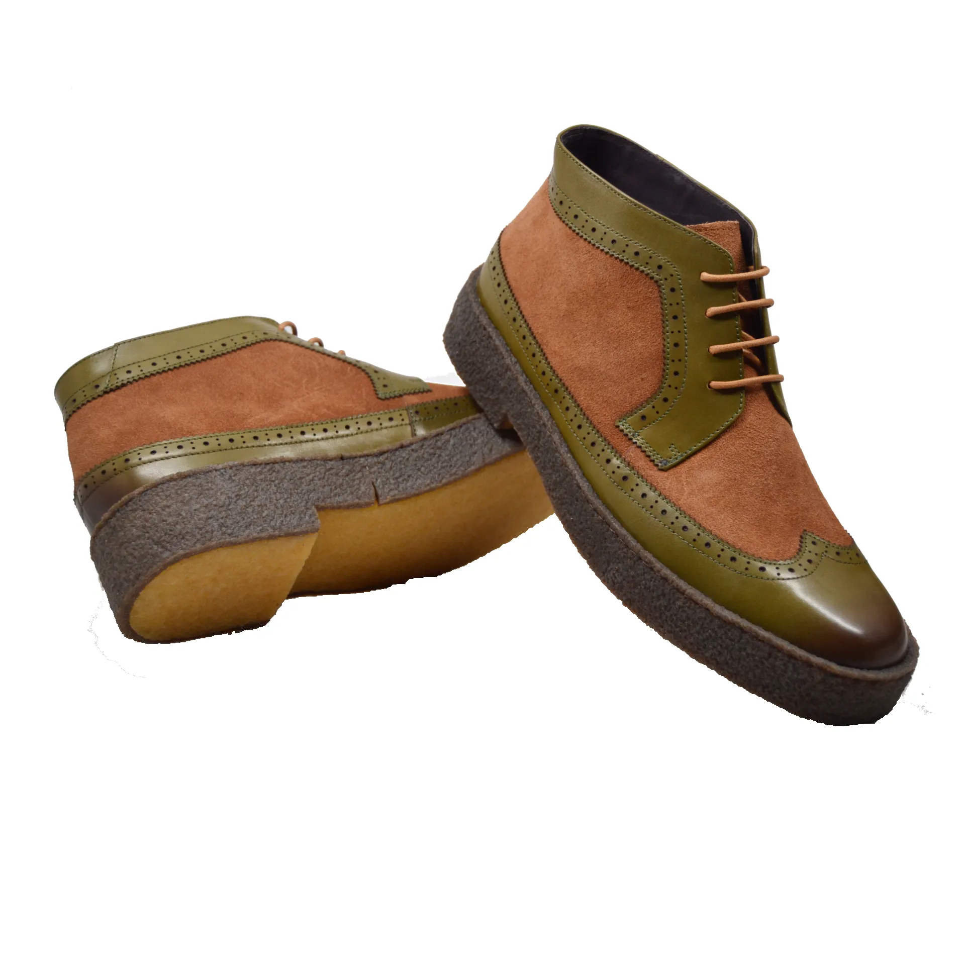 British Walkers Custom Made Original Playboy Wingtips Men's Green Leather and Brown Suede High Tops Ankle Boots