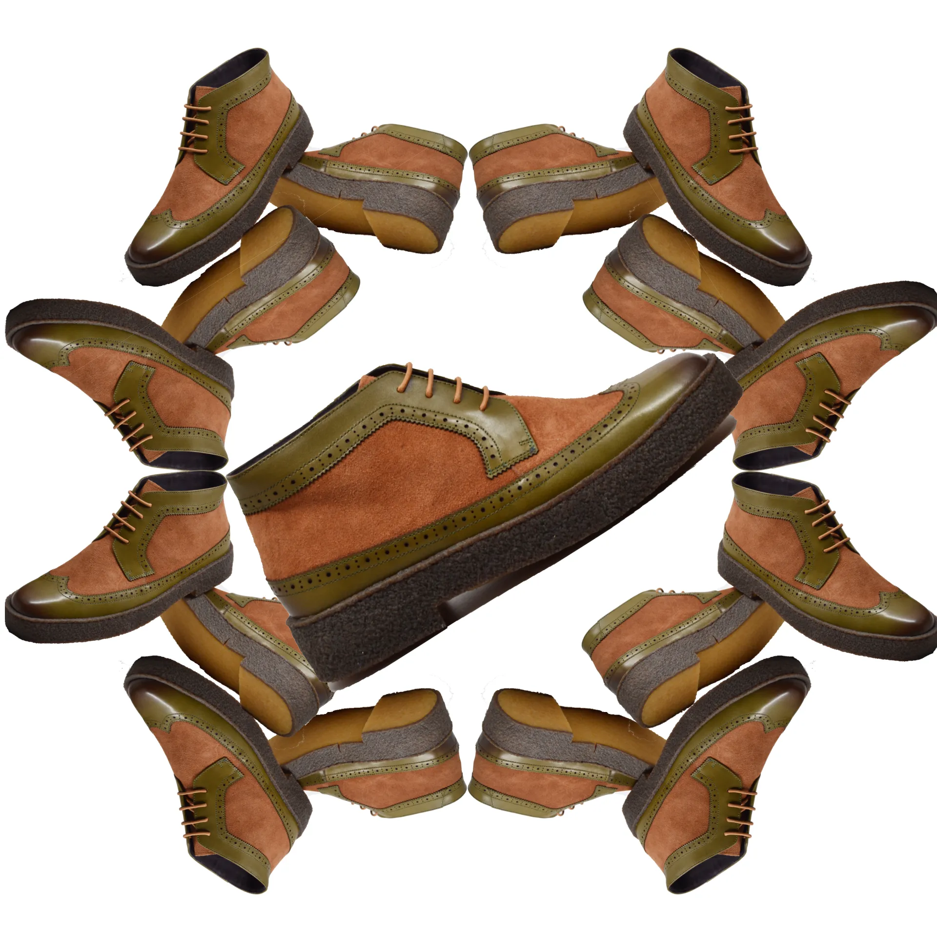 British Walkers Custom Made Original Playboy Wingtips Men's Green Leather and Brown Suede High Tops Ankle Boots