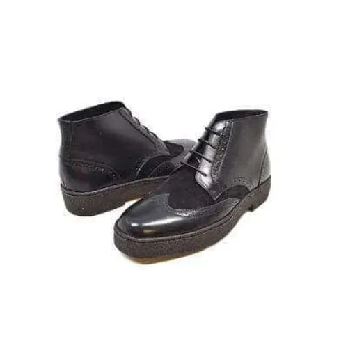 British Walkers Playboy Wingtips Custom Made Men's Two Tone Black Leather and Suede High Top Boots Ankle Boots