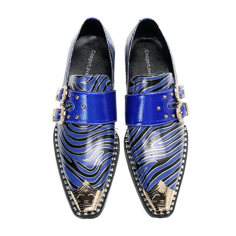 Brogue carved leather shoes men's business formal cowhide square toe British buckle blue breathable suit groom's wedding shoes