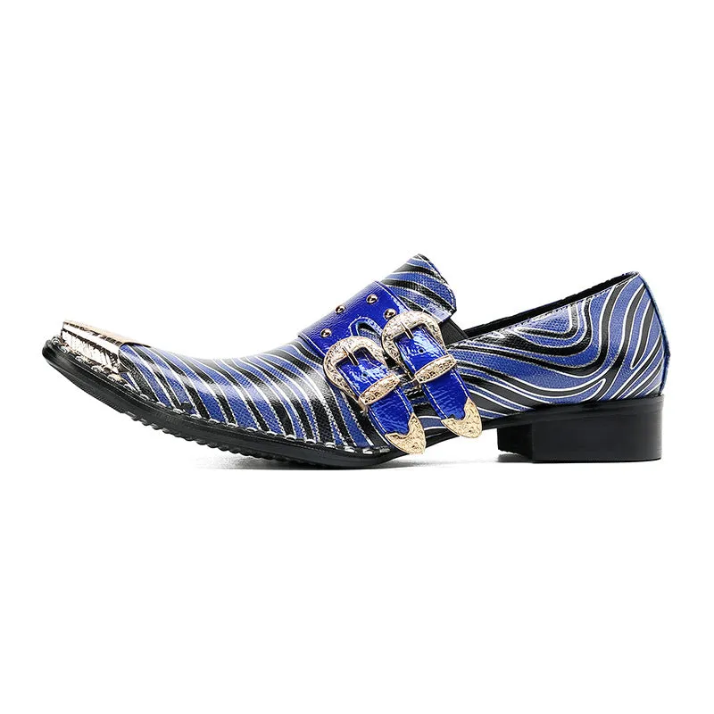 Brogue carved leather shoes men's business formal cowhide square toe British buckle blue breathable suit groom's wedding shoes
