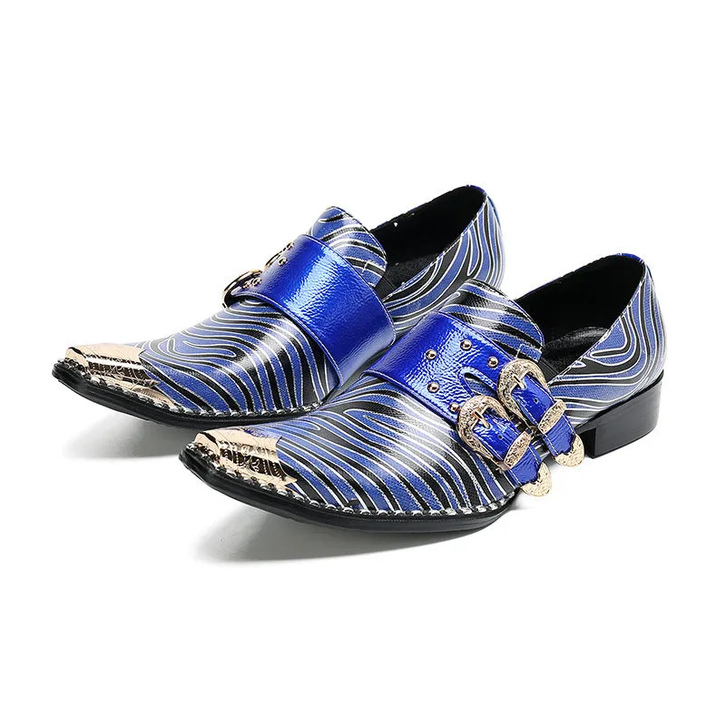 Brogue carved leather shoes men's business formal cowhide square toe British buckle blue breathable suit groom's wedding shoes