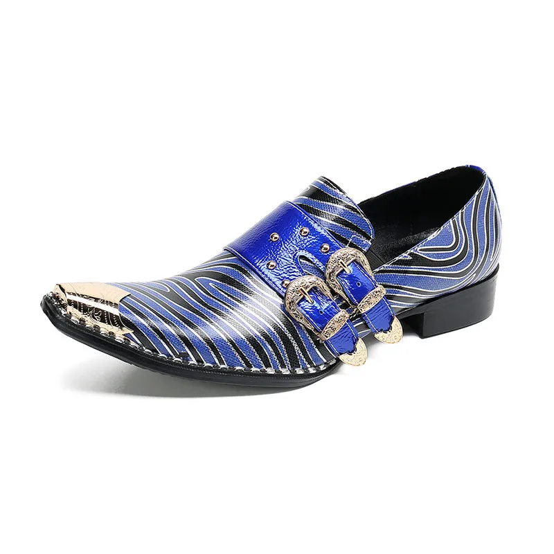 Brogue carved leather shoes men's business formal cowhide square toe British buckle blue breathable suit groom's wedding shoes