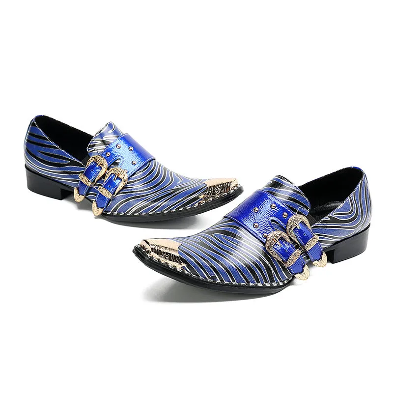 Brogue carved leather shoes men's business formal cowhide square toe British buckle blue breathable suit groom's wedding shoes