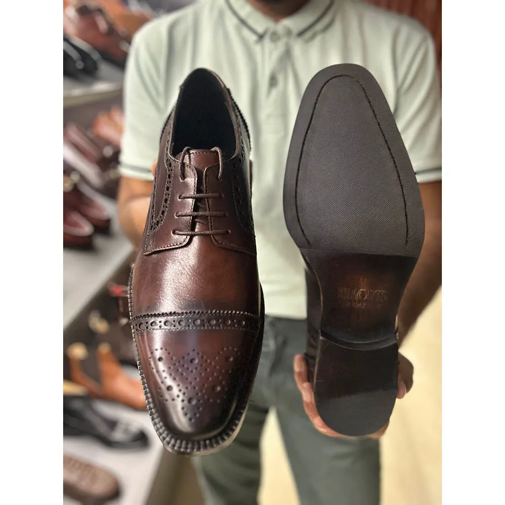 Brown Mirror Glossed Patina Captoe Derby With Medallion