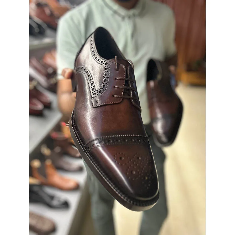 Brown Mirror Glossed Patina Captoe Derby With Medallion
