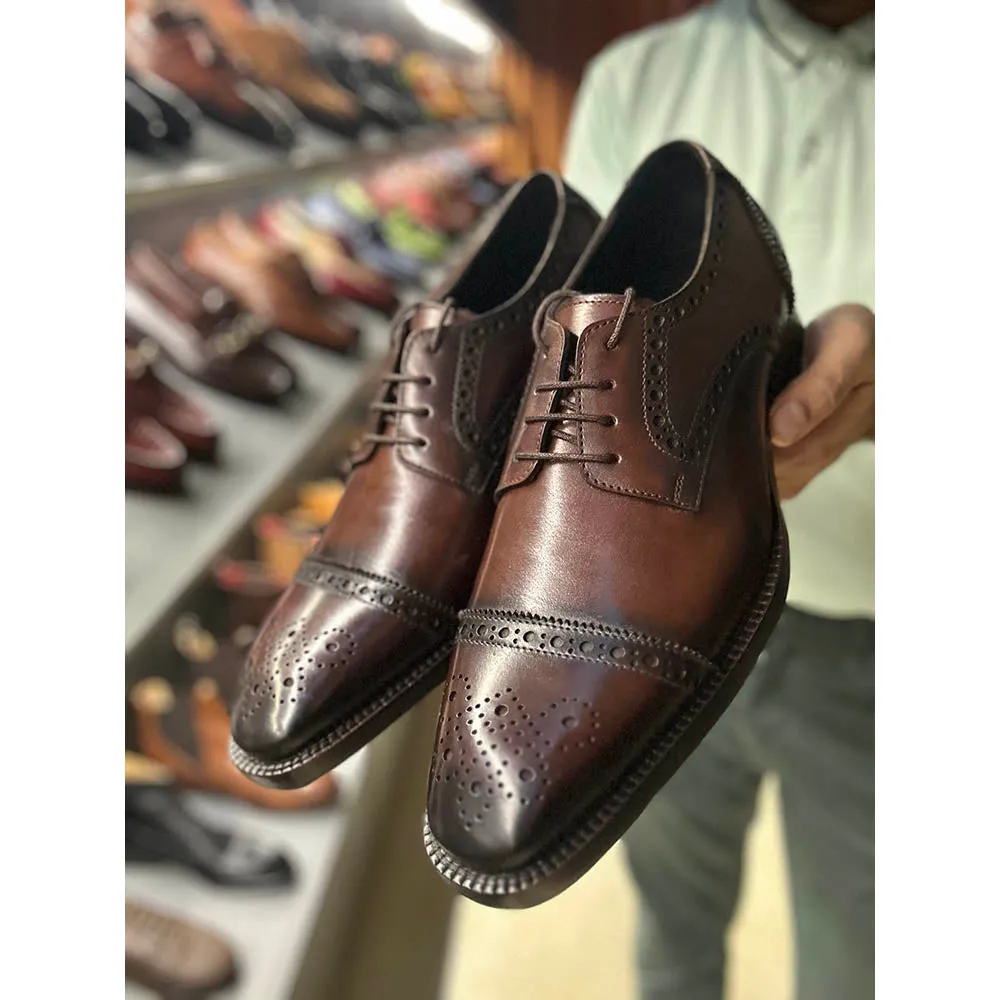 Brown Mirror Glossed Patina Captoe Derby With Medallion