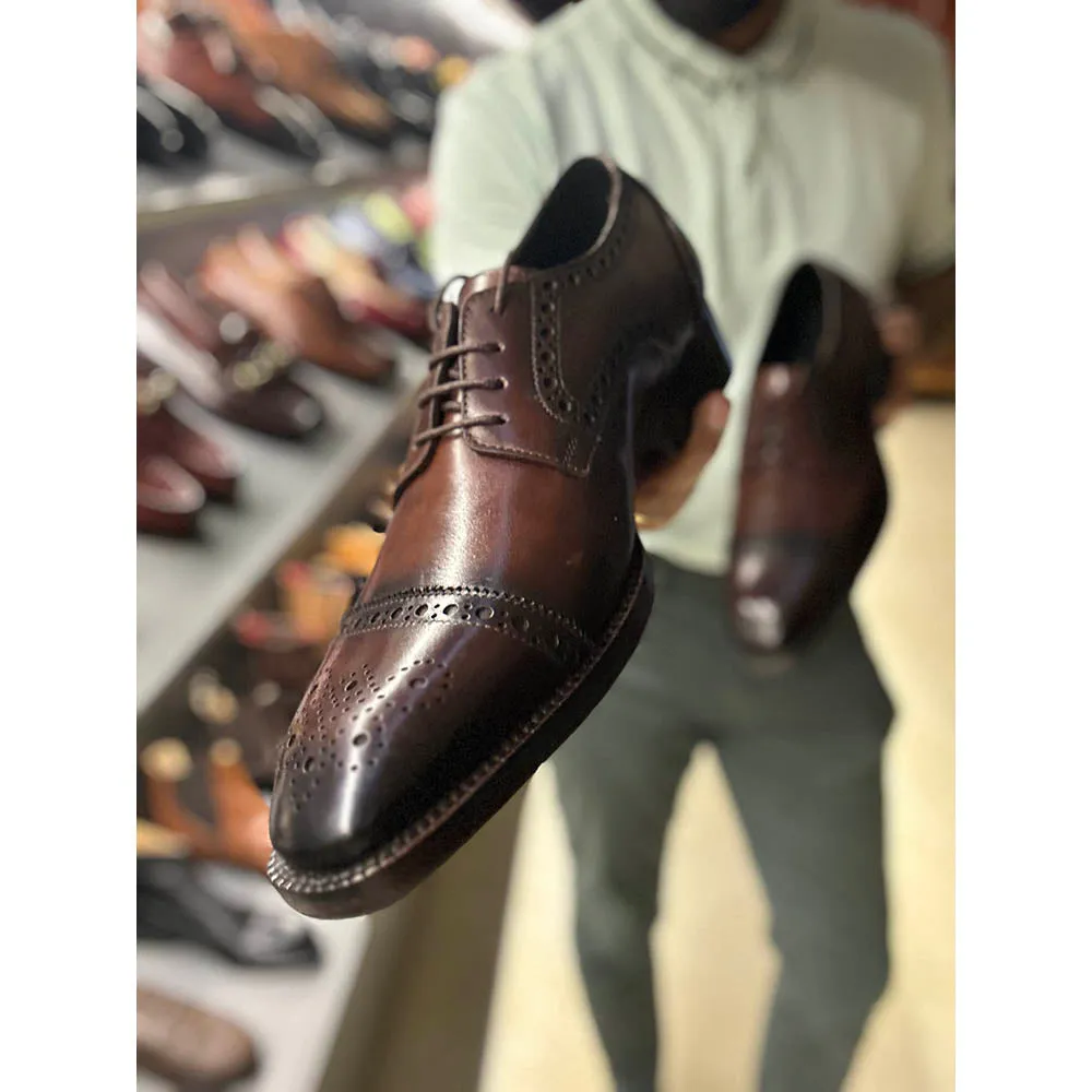 Brown Mirror Glossed Patina Captoe Derby With Medallion