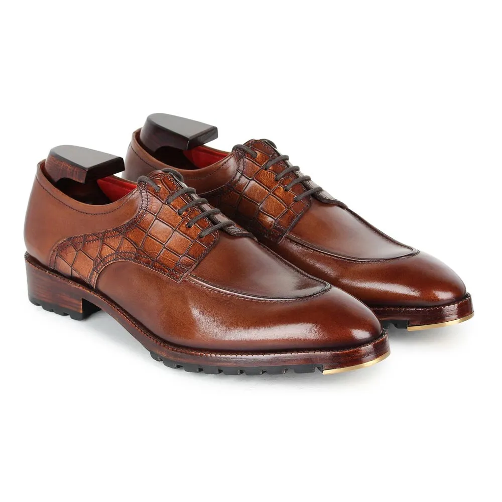 Brown Mirror Glossed Patina Croco Saddle Derby with Metal toe plate   Commando sole